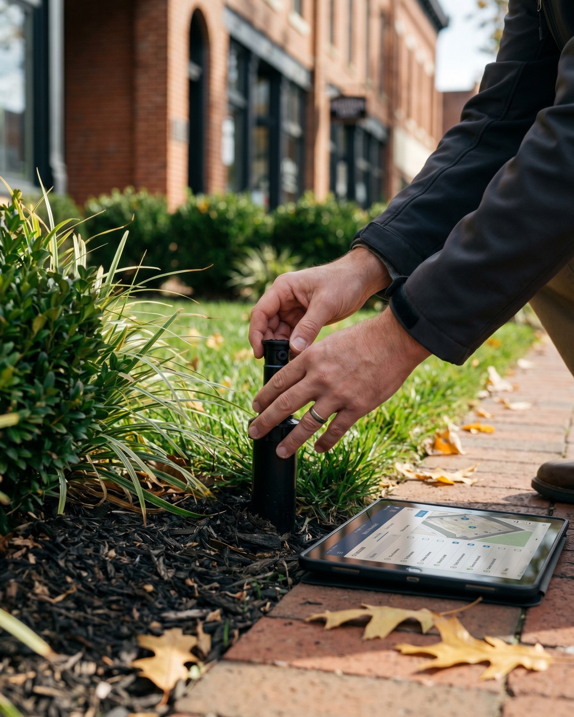 ManageMowed account manager inspecting an irrigation head in a dark mulch bed along a historic brick storefront block in downtown Matthews