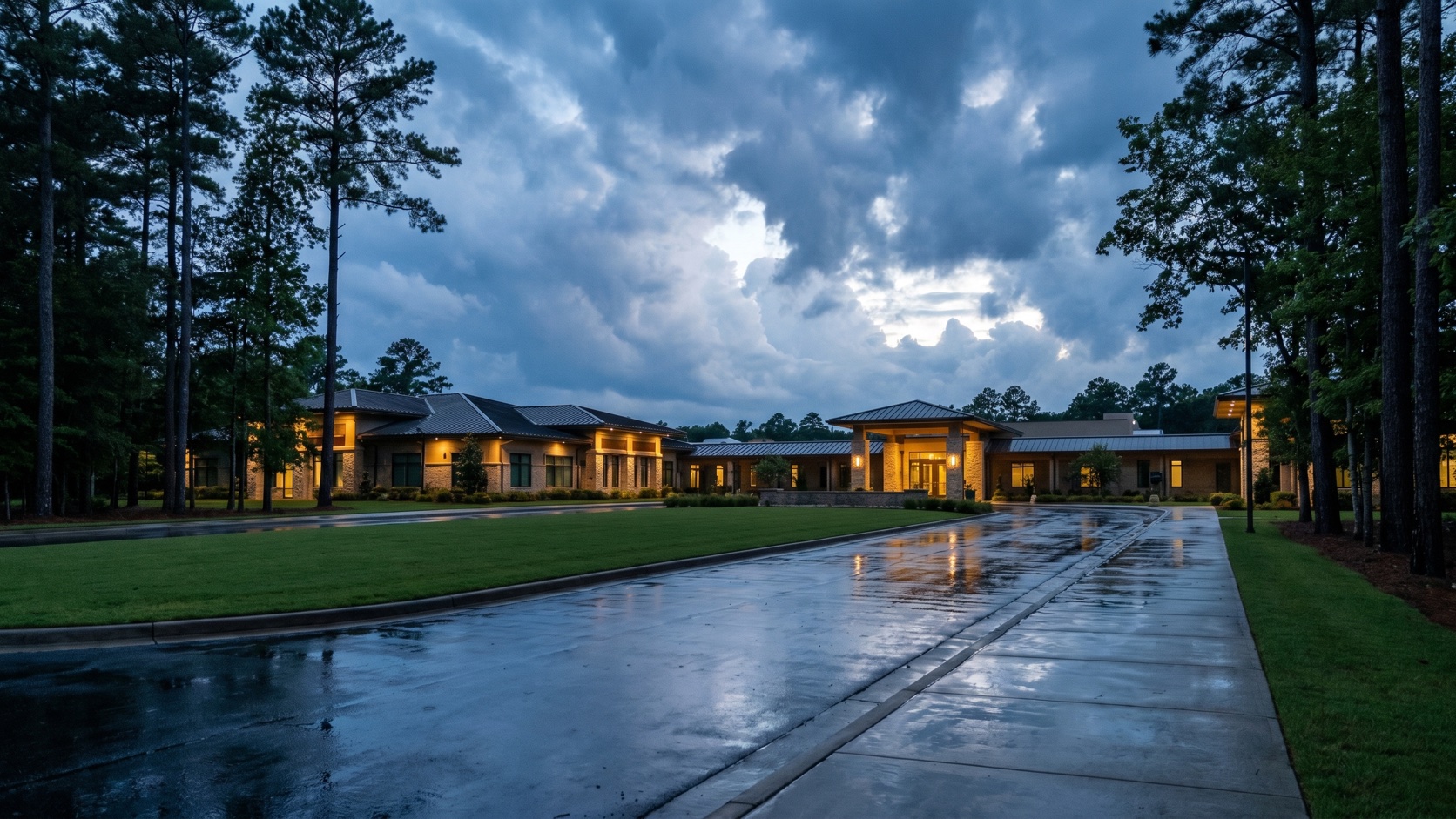 Polished Ballantyne-style corporate campus entrance at blue hour with fresh turf edges and ornamental grasses