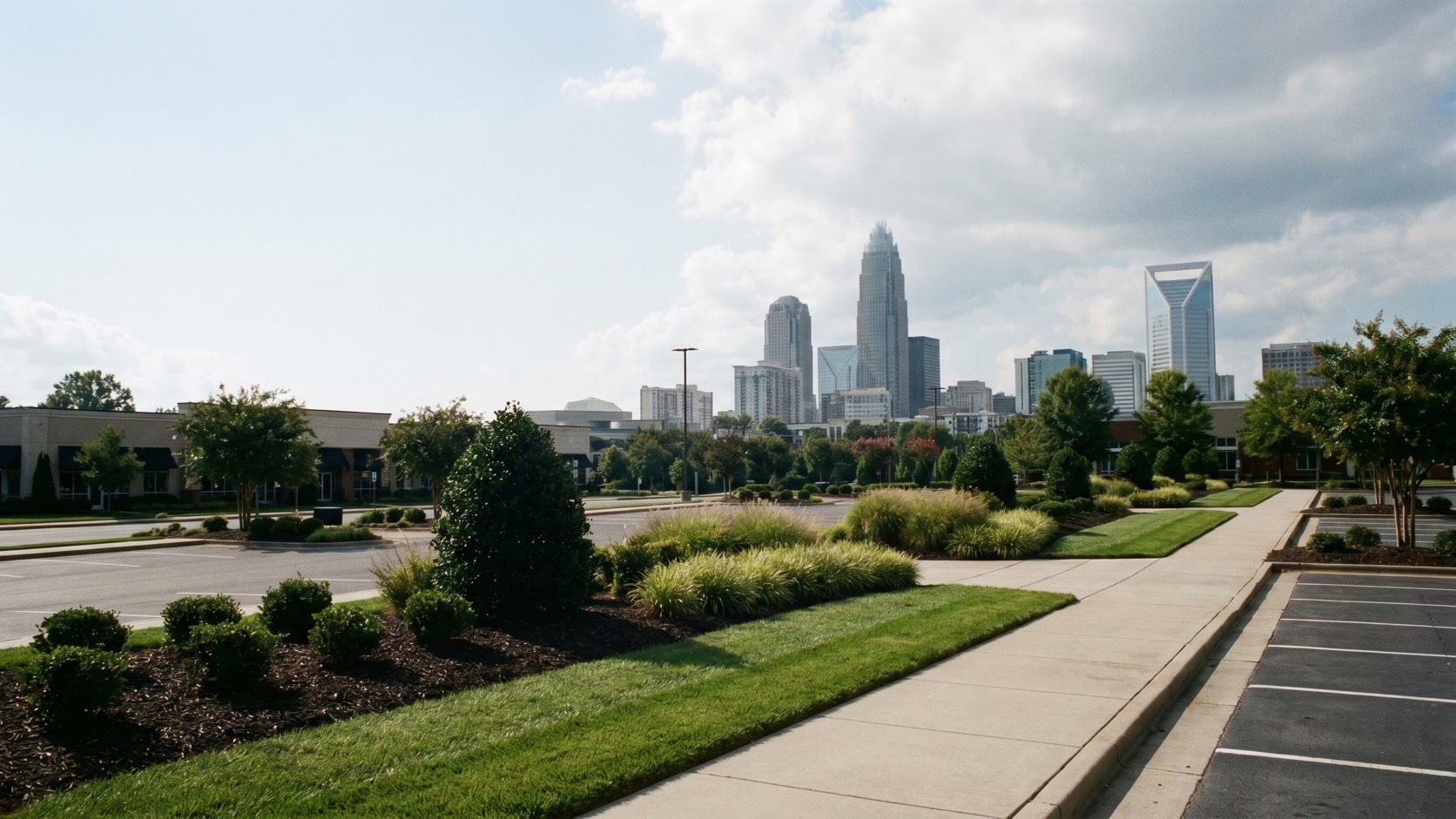 Manicured commercial office campus at golden hour with the Uptown Charlotte skyline and Bank of America Corporate Center crown beyond