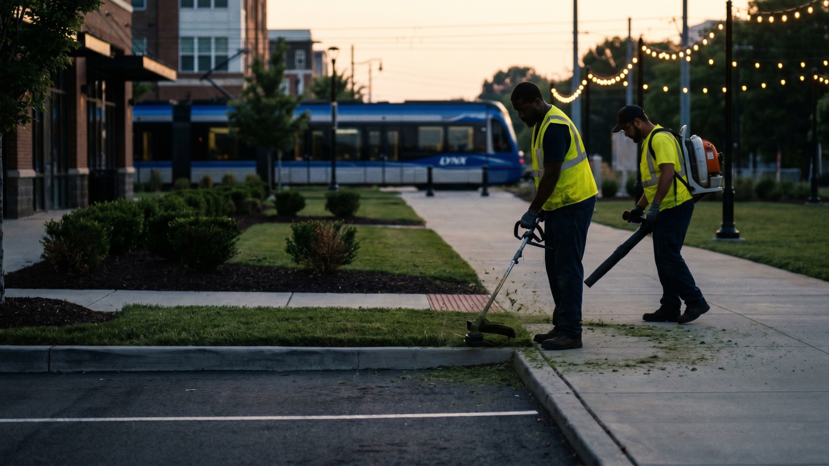 ManageMowed crew member edging fresh turf at a South End Charlotte commercial property near the light rail at dusk